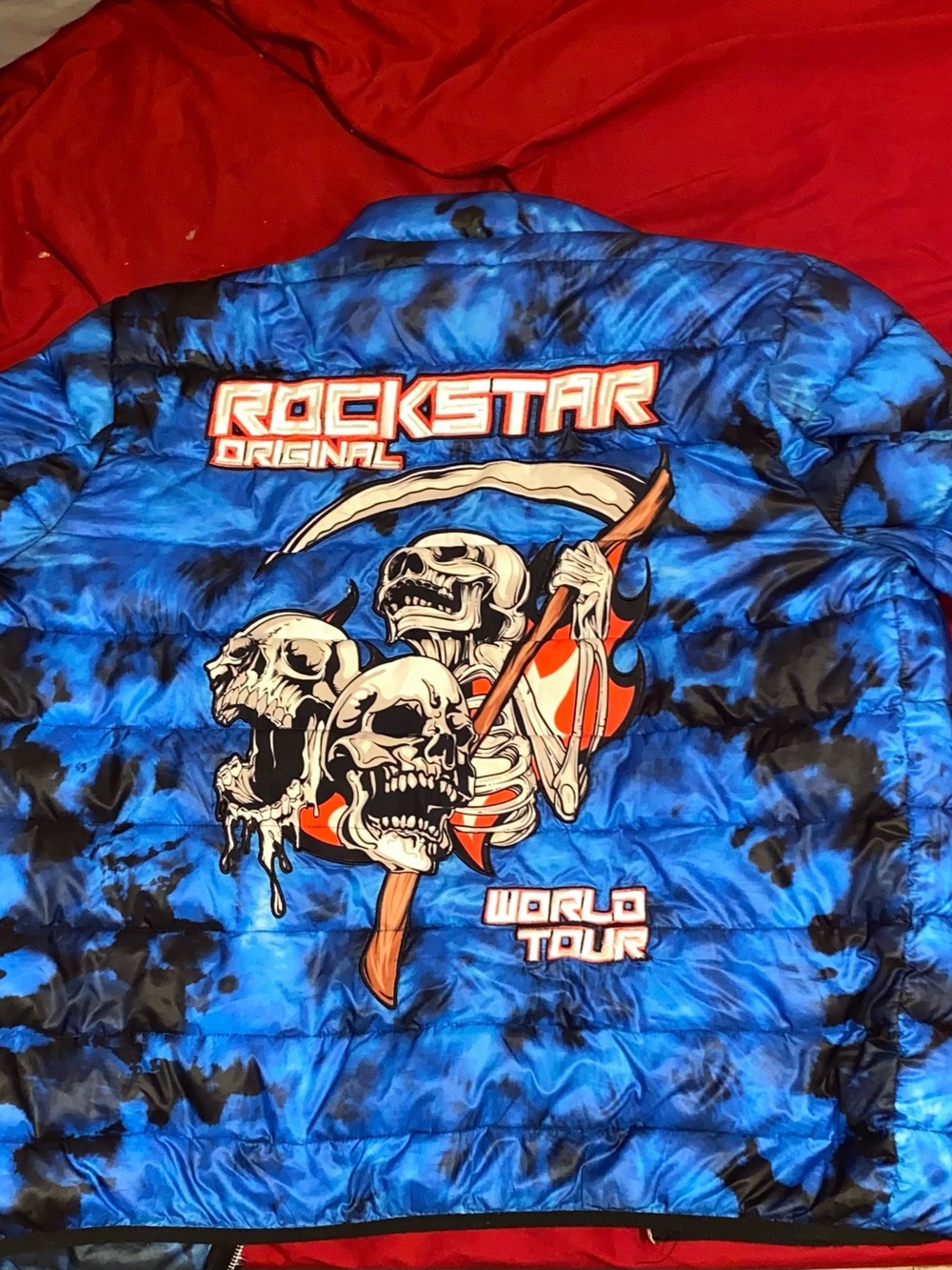 Rockstar Original Blue Tie-Dye Puffer Jacket with Skull Graphic